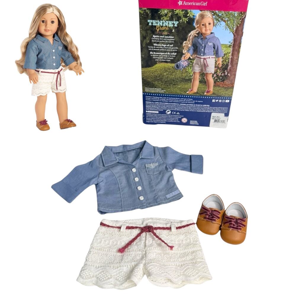 American Girl Tenney Picnic Outfit Lace Doll Short Belt Shirt Shoes Velvet Laces